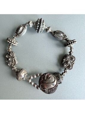 Vintage Ornate Filigree Beaded Sterling Silver Bali Bracelet